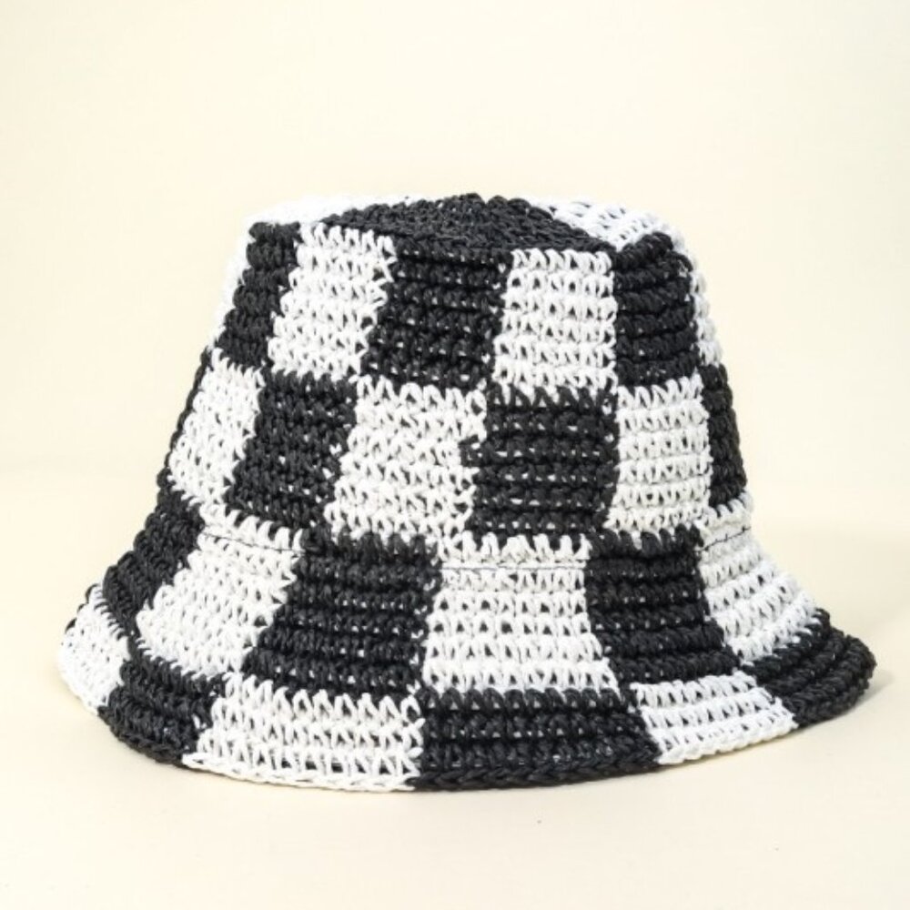 Fame Checkered Pattern Knit Bucket Hat